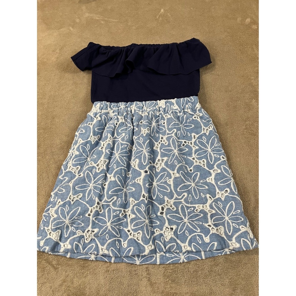 Lilly Pulitzer Sand Dollar Dress Women's XS Light Blue Trim Cotton Strapless EUC - Picture 5 of 7